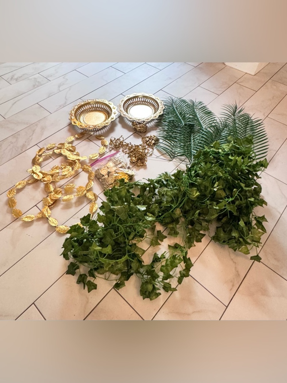 Decorative Gold Accents and Green Ivy Leaf Garland